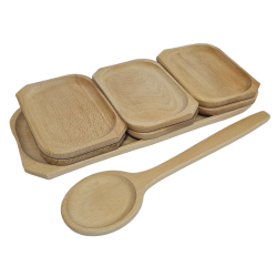 Zestaw drewnianych naczyń taca + 6 talerzyków